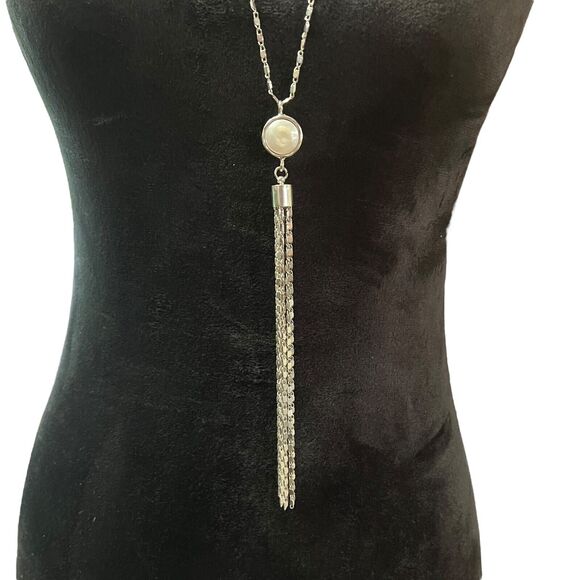 VERONESE Layered Necklace Silver Tone Baroque Pearl Pendant Tassel Chain Women - Picture 4 of 16